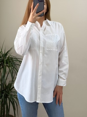 Moda Morfo Cebi Taşlı Poplin Gömlek -Beyaz