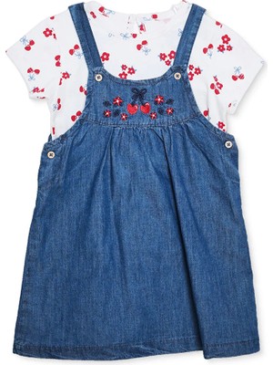 Hellobaby Kız Bebek Salopet-Tişört Kiraz Baskılı Düğmeli Bisiklet Yaka Short Sleeve Reçme