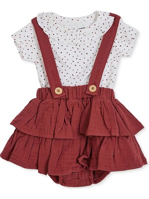 Hellobaby Kız Bebek Şort Salopet-Tshirt Geometrik Şekil Baskılı Düğmeli Fırfırlı Yaka Short Sleeve Lastikli