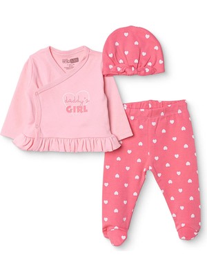 Hellobaby Kız Bebek Zıbın-Şapka-Alt Kalp Baskılı Çıtçıtlı V Yaka Long Sleeve Patikli