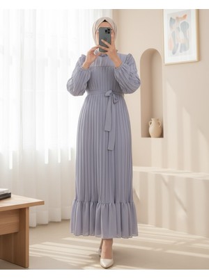 Moda Morfo Önü Robalı Kolları ve Bedeni Piliseli Elbise      -Gri