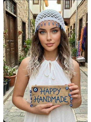 Happy Handmade Pullu Kroşe Şapka/beyaz File Bere/yazlık Beyaz Şapka/plaj/nazar Boncuklu/viral Şapka
