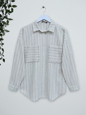 Moda Morfo Taş Işlemeli Çizgili Keten Gömlek -Bej