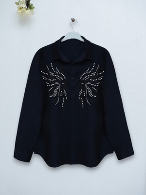 Moda Morfo Taş ve Nakış Işlemeli Keten Gömlek -Siyah