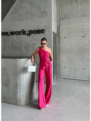 Femora Moda Tek Kol Yelek - Pantolon Takım Atlas - Fuşya