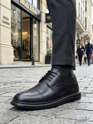 Baybonza BA0003 Siyah Kapaklı Burun Bağcıklı Erkek Oxford Ayakkabı