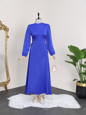 Moda Morfo Yanları Bağcıklı Dik Yaka Kolu Lastikli Elbise -Saks