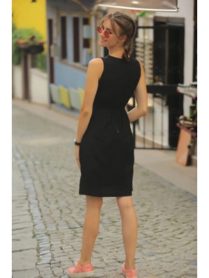 Femora Moda Kadın V Yakalı Önden Düğme Detay Beli Lastikli Keten Kısa Elbise