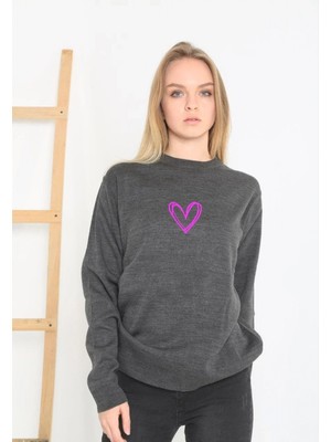 Marsilyan Kadın Bisiklet Yaka Kazak Baskılı Dokuma Triko - Füme