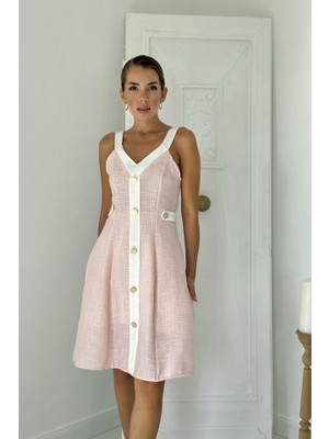 Femora Moda Pudra Ekru Süs Cepli Askılı Elbise