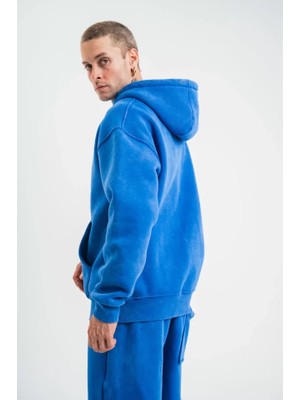 Femora Moda Unisex Double Oversize Kapşonlu Yıkamalı Sweatshirt - Mavi