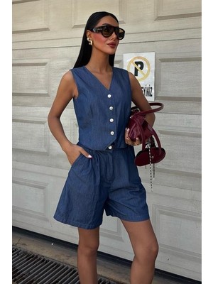 Femora Moda Gümüş Düğmeli Yelek ve Şort Tensel Takım 10174