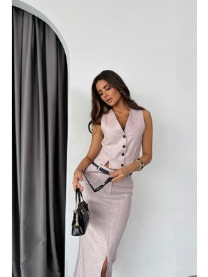 Femora Moda Yelek-Önden Yırtmaçlı Etek Tk Şantuk Keten - Lila