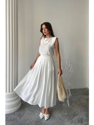 Femora Moda Keten Kolsuz Bluz - Maxi Etek Takım - Beyaz