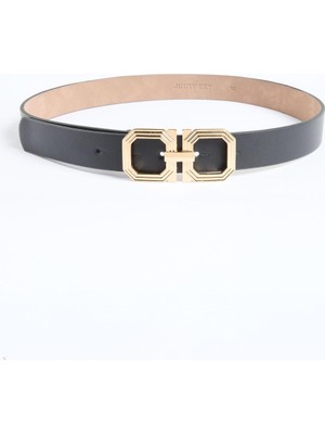 Jimmy Key Siyah Deri Görünümlü Ikili Oval Tokalı Kemer