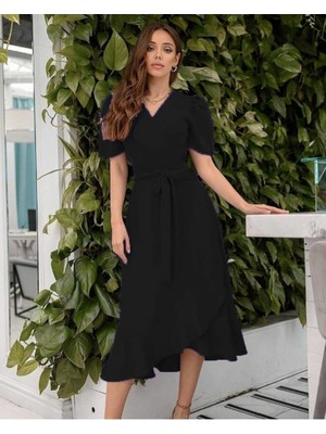 Femora Moda Kadın Kruvaze Yaka Midi Boy Kuşaklı Krep Elbise 120 cm