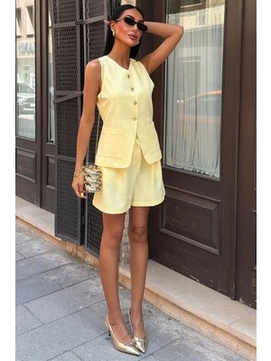 Femora Moda Gold Düğme Detaylı Yelek Şort Cotton Takım 10208