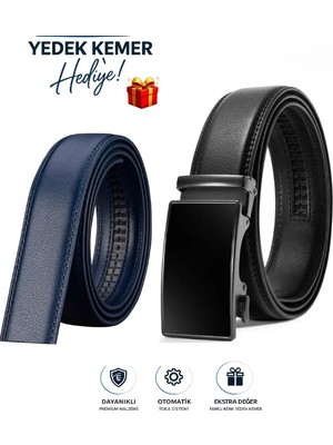 Otomatik Tokalı Deliksiz Siyah Kemer + Yedek Lacivert Kemer Hediye