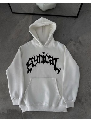 Femora Moda Kışlık Kapşonlu Baskılı Oversize Sweatshirt- Beyaz