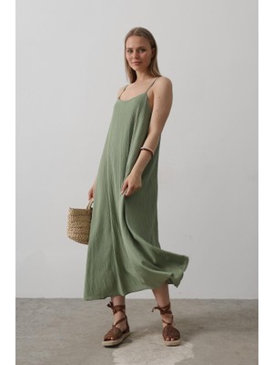 Femora Moda Askılı Uzun Çan Elbise - Haki