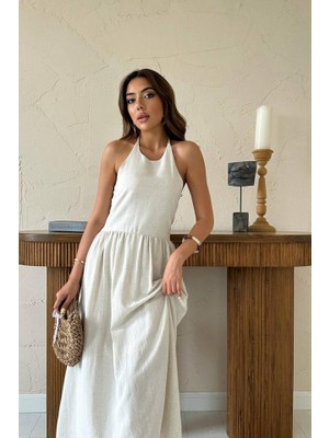 Femora Moda Bej Arkası Gipeli Keten Elbise