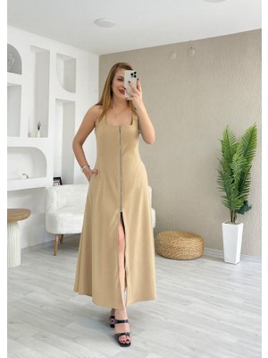 Femora Moda Kadın Askılı Kare Yaka Önden Fermuarlı Geniş Kesim Janjan Krep Elbise