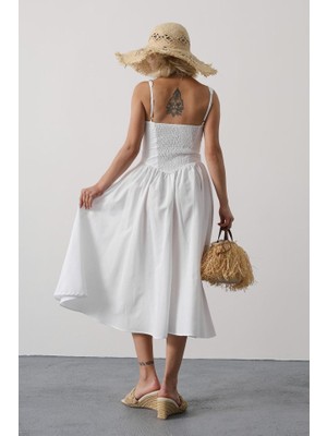 Femora Moda Askılı Uzun Elbise - Beyaz