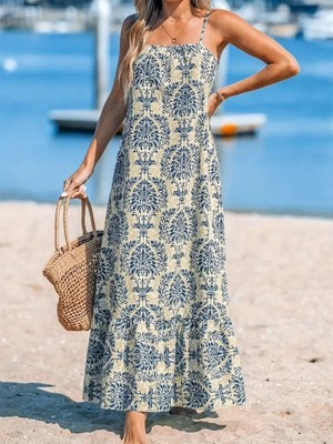 Femora Moda Kadın Ip Askılı Desenli Fırfırlı Süprem Elbise