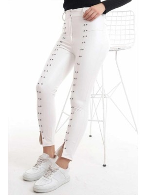 Femora Moda Beyaz Taş Işlemeli Deri Tayt