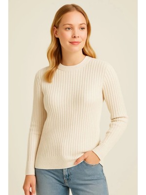 Femora Moda Bisiklet Yuvarlak Yaka Triko Kazak Pamuklu Kalın Fitilli Dokuma, Regular Fit Uzun Kollu Kışlık Model - Bej