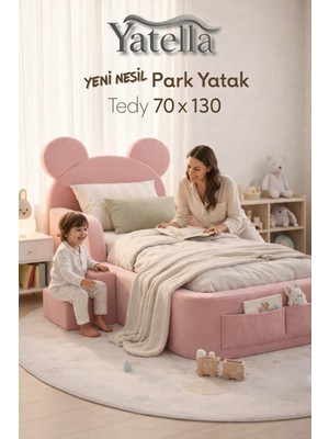 Yatella Luxury Tedyy Baza ve Başlıklı Montessori Full Sünger Yatak Seti 70 x 130 Pembe