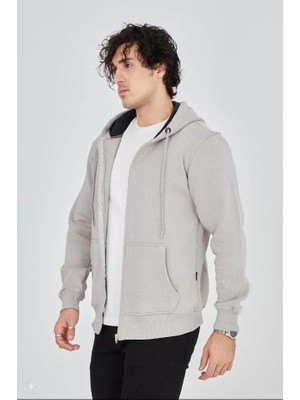 Femora Moda Unisex Tam Fermuarlı Kapşonlu  Sweatshirt - Boyalı Gri
