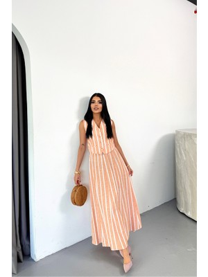 Femora Moda Keten Çizgili Yelek - Uzun Etek Takım - Orange
