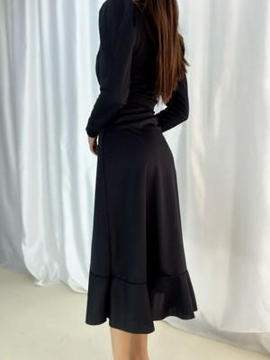 Femora Moda Krep Kumaş Midi Boy Kuşaklı Uzunkol Elbise 113 cm
