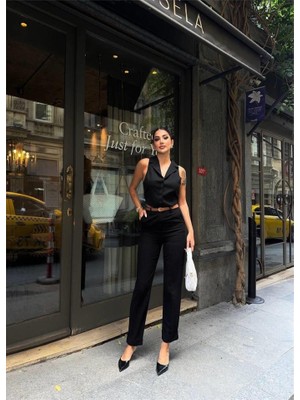 Femora Moda Keten Duble Paça Deri Taba Kemerli Pantolon - Siyah