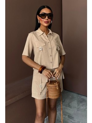 Femora Moda Gömlek Şort Etek Viscon Keten Takım 10162