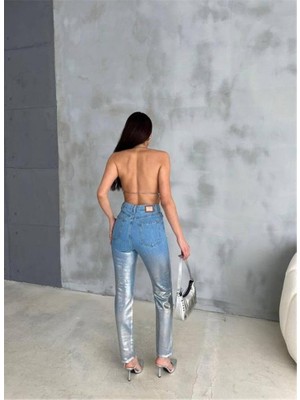 Femora Moda Diz Yırtık Varaklı Mom Kot Pantolon - Gümüş