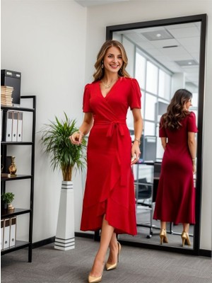 Femora Moda Kadın Kruvaze Yaka Midi Boy Kuşaklı Krep Elbise 120 cm