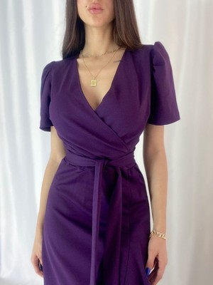 Femora Moda Kadın Kruvaze Yaka Midi Boy Kuşaklı Krep Elbise 120 cm