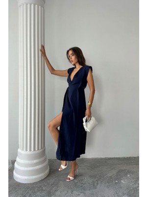 Femora Moda Kruvaze Vatkalı Kolsuz Elbise Modal Kumaş - Lacivert
