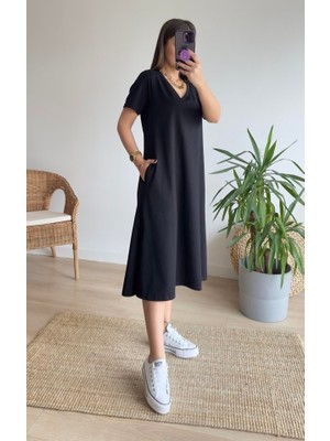 Femora Moda Kadın Kısa Kollu V Yaka Cepli A Kesim Detaylı Viskon Elbise