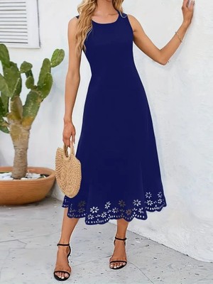 Femora Moda Kadın Kolsuz Etek Ucu Lazer Kesim Çiçek Desenli Midi Boy Ithal Krep Elbise