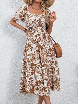 Femora Moda Kadın Kısa Kollu Kare Yakalı Lastikli Desenli Süprem Elbise