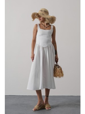 Femora Moda Askılı Uzun Elbise - Beyaz