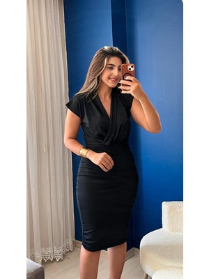 Femora Moda Kadın Kısa Kollu Kruvaze Yaka Krep Elbise (Kemersiz)