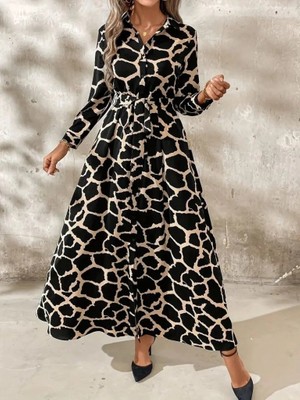 Femora Moda Kadın Uzun Kollu Yakalı Önü Düğmeli Desenli Belden Kuşaklı Uzun Süprem Elbise