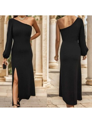 Femora Moda Tek Omuz Açık Derin Yırtmaçlı Krep Tam Boy Elbise