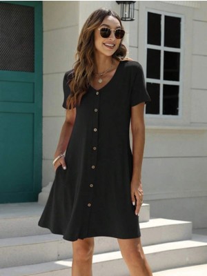 Femora Moda Kadın Kısa Kollu V Yaka Önü Düğmeli Viskon Elbise