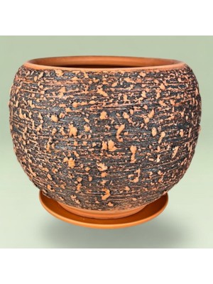 AdenArt Toprak Saksı Siyah Dokulu El Yapımı Büyük Boy (Tabaklı) 28*30 cm
