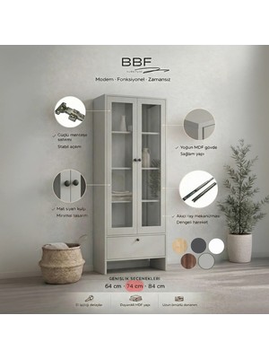 BBF Furniture Sis Gri Cam Kapaklı Modern %100 MDF Kitaplık ve Vitrin Dolap – Çekmeceli, Çok Amaçlı Saklama Ünitesi